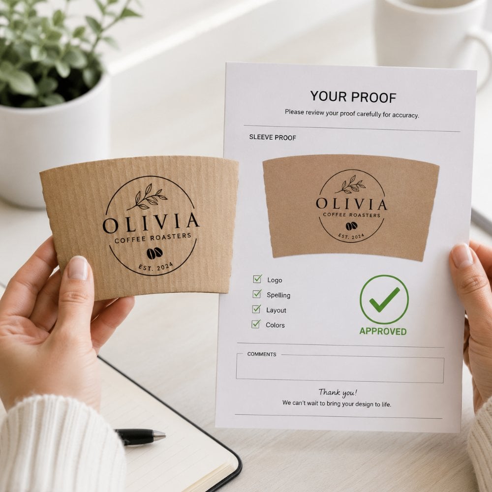 You approve the proof for your custom coffee sleeves