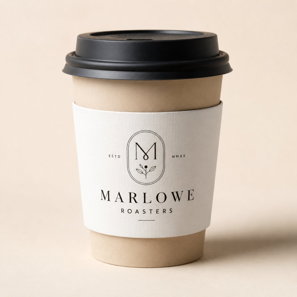 White coffee sleeve with logo
